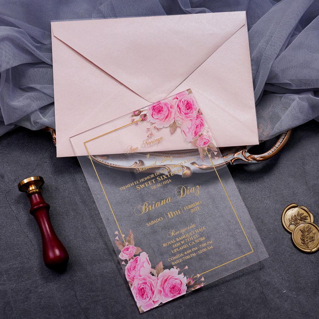 PONATIA 1mm/0.04" Pink Clear Acrylic Quinceanera Invitation Cards with Envelopes