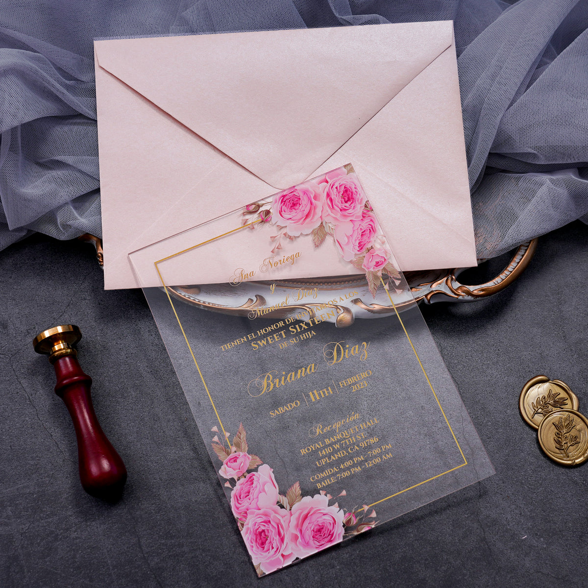 PONATIA 1mm/0.04" Pink Clear Acrylic Quinceanera Invitation Cards with Envelopes