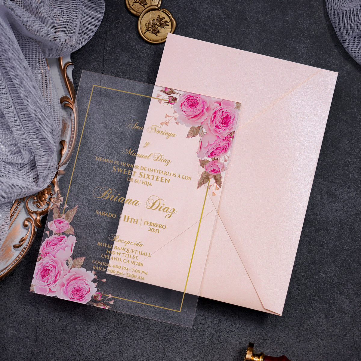 PONATIA 1mm/0.04" Pink Clear Acrylic Quinceanera Invitation Cards with Envelopes