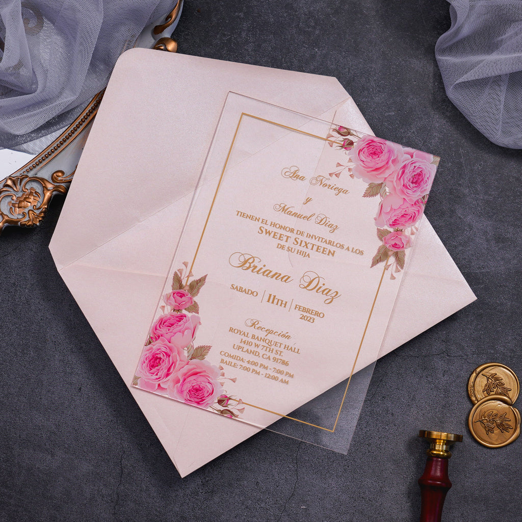 PONATIA 1mm/0.04" Pink Clear Acrylic Quinceanera Invitation Cards with Envelopes