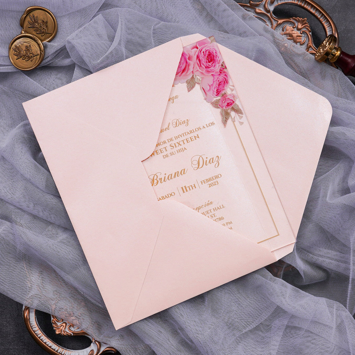 PONATIA 1mm/0.04" Pink Clear Acrylic Quinceanera Invitation Cards with Envelopes