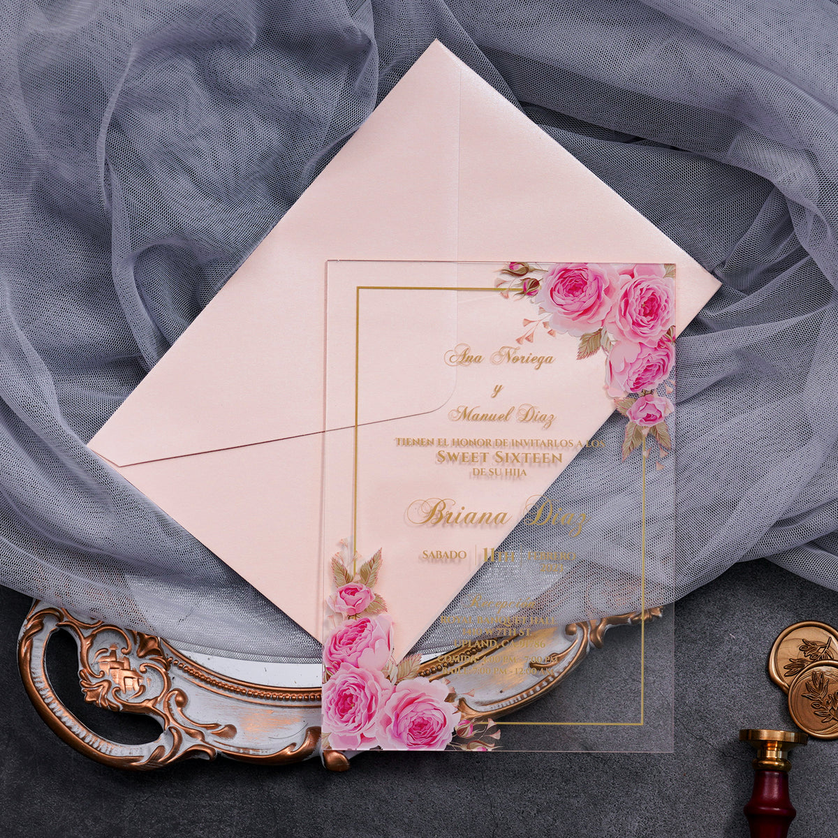 PONATIA 1mm/0.04" Pink Clear Acrylic Quinceanera Invitation Cards with Envelopes