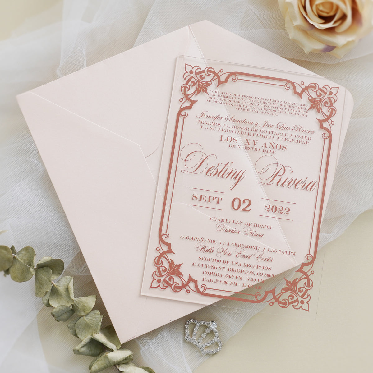 PONATIA 1mm/0.04" Light Pink Acrylic Quinceanera Invitation Cards with Envelopes