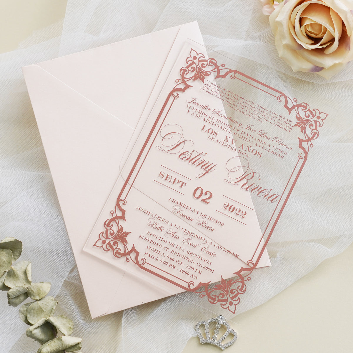 PONATIA 1mm/0.04" Light Pink Acrylic Quinceanera Invitation Cards with Envelopes