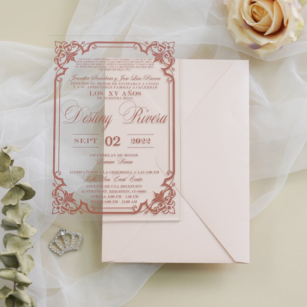 PONATIA 1mm/0.04" Light Pink Acrylic Quinceanera Invitation Cards with Envelopes