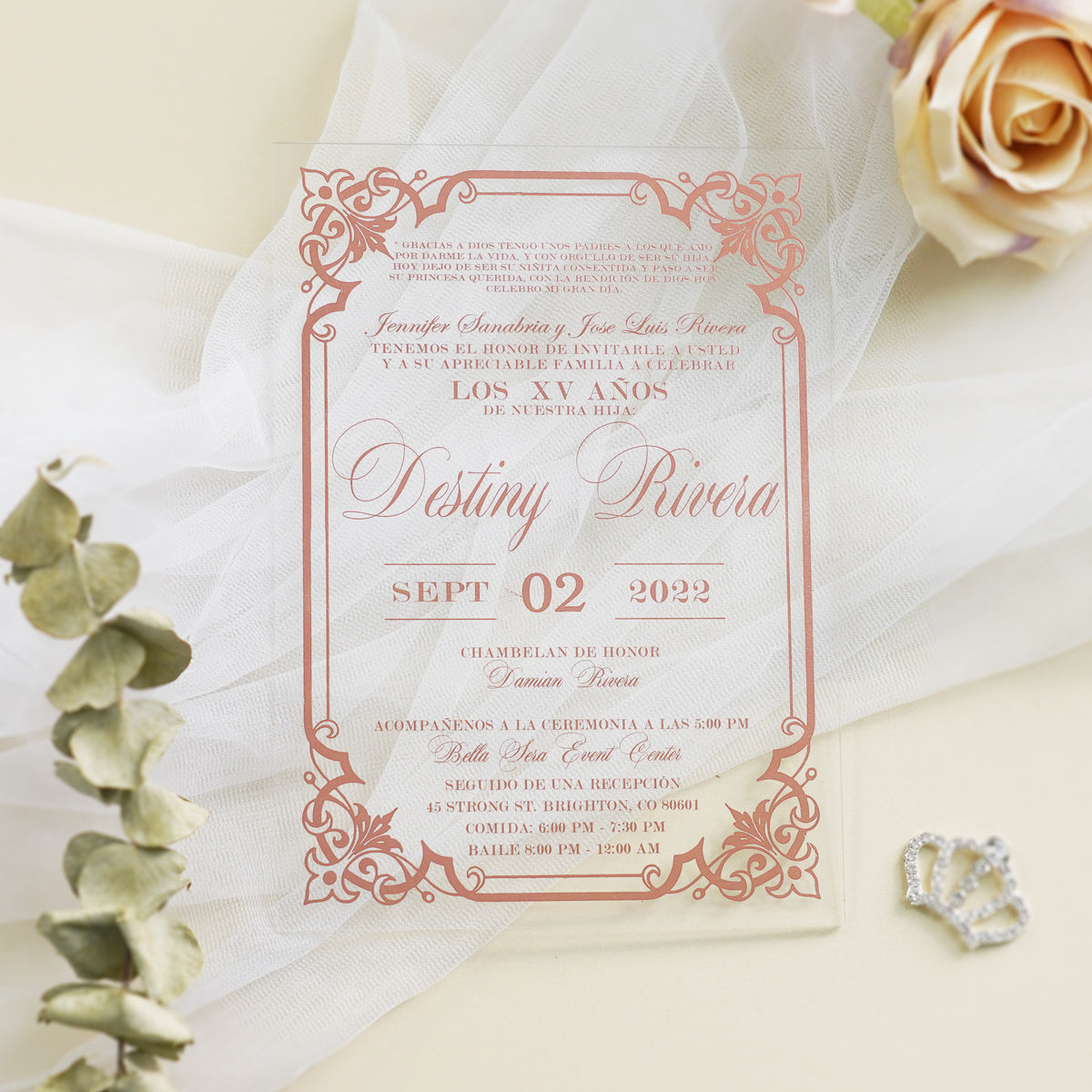 PONATIA 1mm/0.04" Light Pink Acrylic Quinceanera Invitation Cards with Envelopes