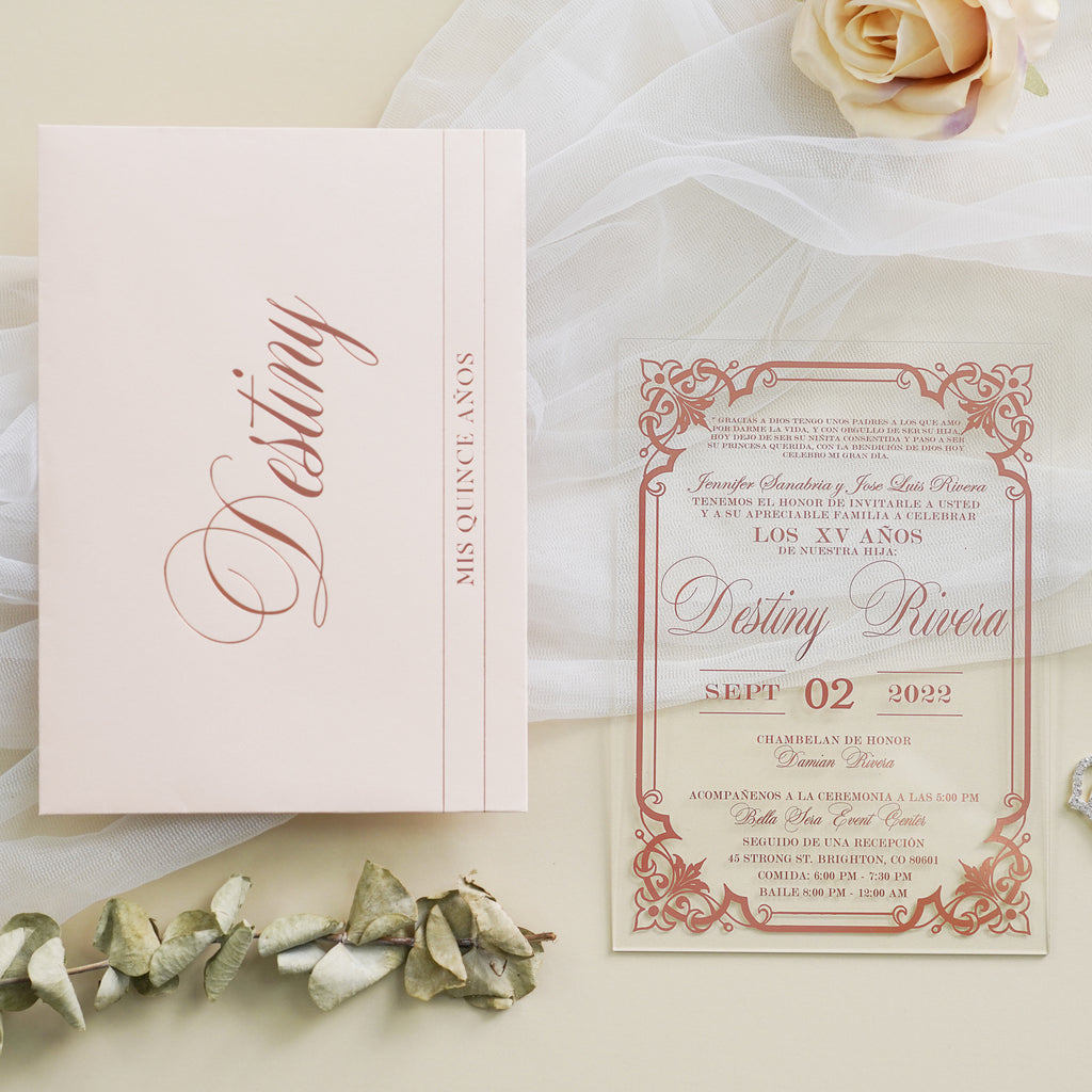 PONATIA 1mm/0.04" Light Pink Acrylic Quinceanera Invitation Cards with Envelopes
