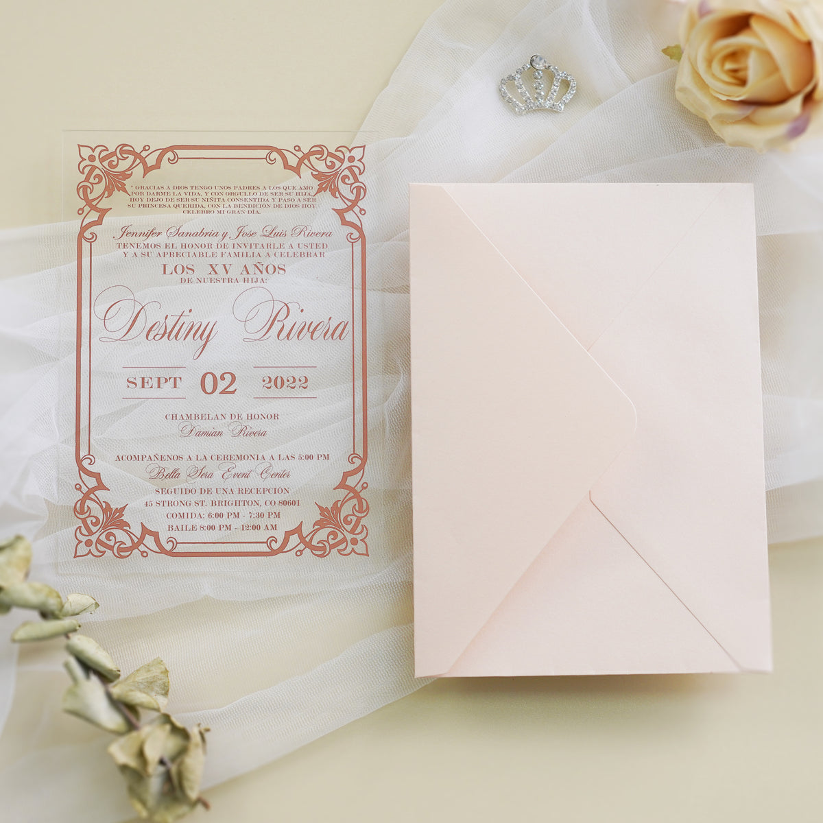 PONATIA 1mm/0.04" Light Pink Acrylic Quinceanera Invitation Cards with Envelopes