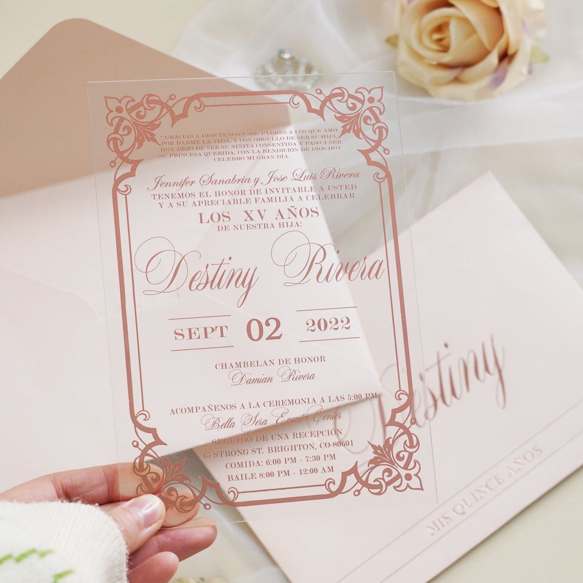 PONATIA 1mm/0.04" Light Pink Acrylic Quinceanera Invitation Cards with Envelopes