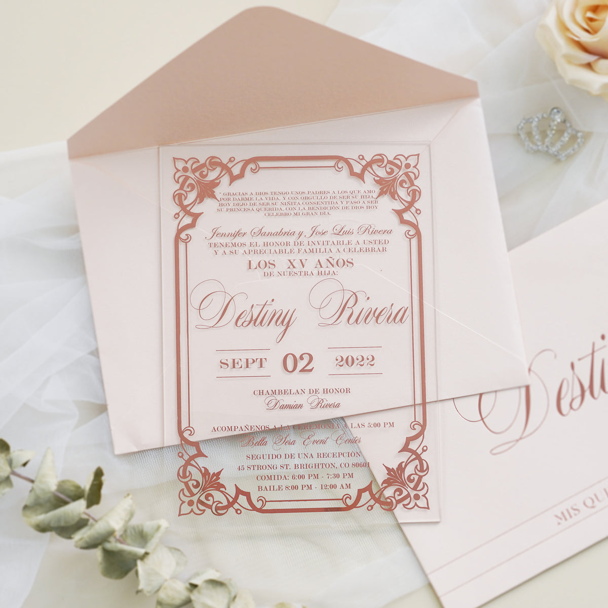 PONATIA 1mm/0.04" Light Pink Acrylic Quinceanera Invitation Cards with Envelopes
