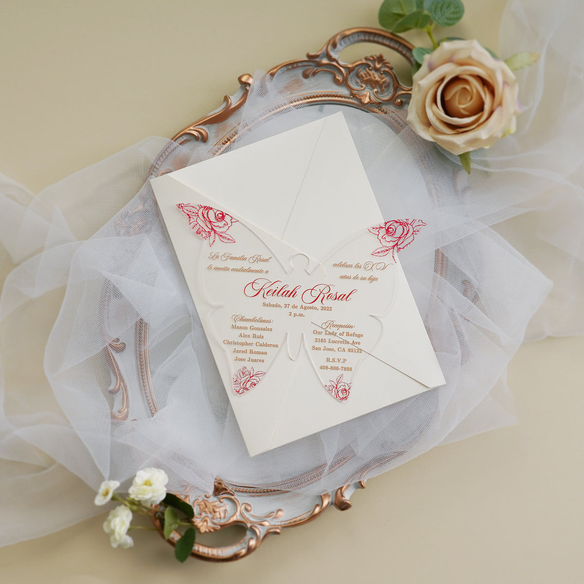 PONATIA 1mm/0.04" Red Butterfly Clear Acrylic Quinceanera Invitation Cards with Envelopes