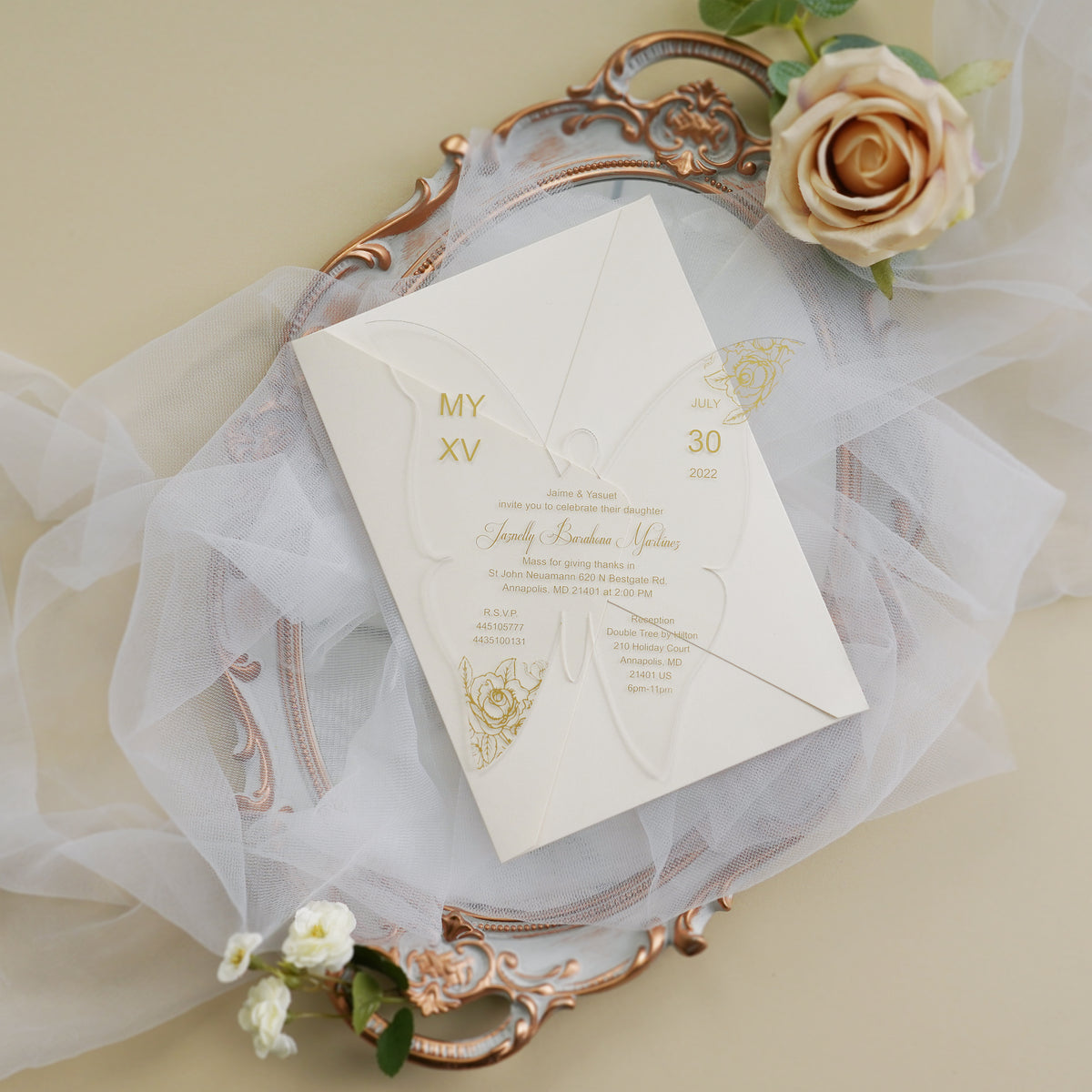PONATIA 1mm/0.04" Gold Butterfly Clear Acrylic Quinceanera Invitation Card with Envelope