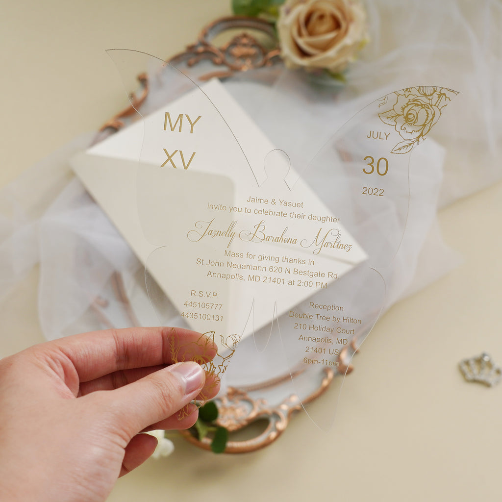 PONATIA 1mm/0.04" Gold Butterfly Clear Acrylic Quinceanera Invitation Card with Envelope