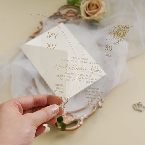 PONATIA 1mm/0.04" Gold Butterfly Clear Acrylic Quinceanera Invitation Card with Envelope