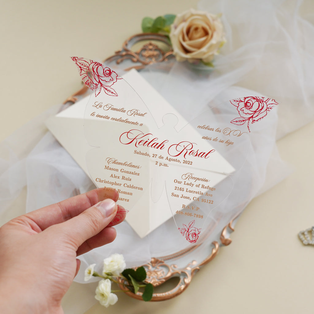 PONATIA 1mm/0.04" Red Butterfly Clear Acrylic Quinceanera Invitation Cards with Envelopes
