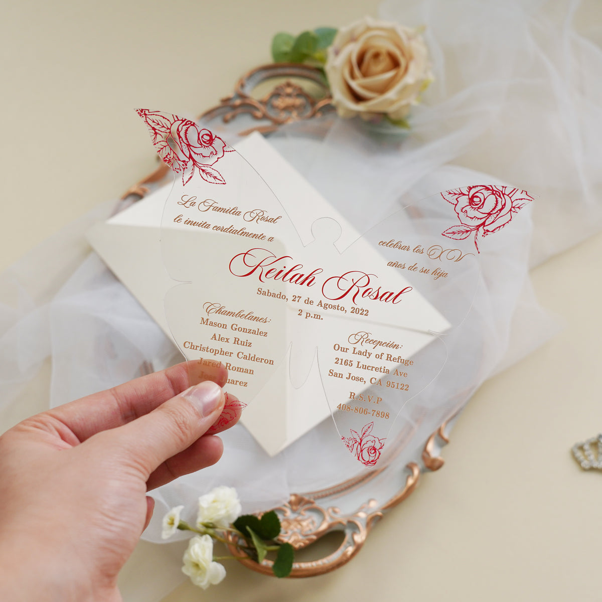 PONATIA 1mm/0.04" Red Butterfly Clear Acrylic Quinceanera Invitation Cards with Envelopes