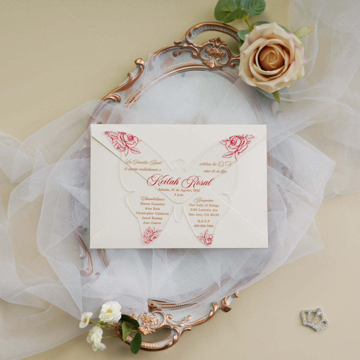 PONATIA 1mm/0.04" Red Butterfly Clear Acrylic Quinceanera Invitation Cards with Envelopes