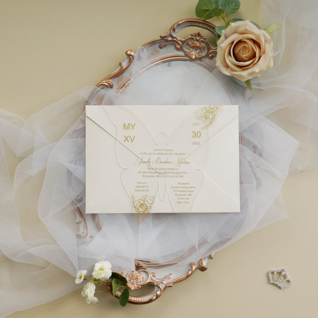 PONATIA 1mm/0.04" Gold Butterfly Clear Acrylic Quinceanera Invitation Card with Envelope