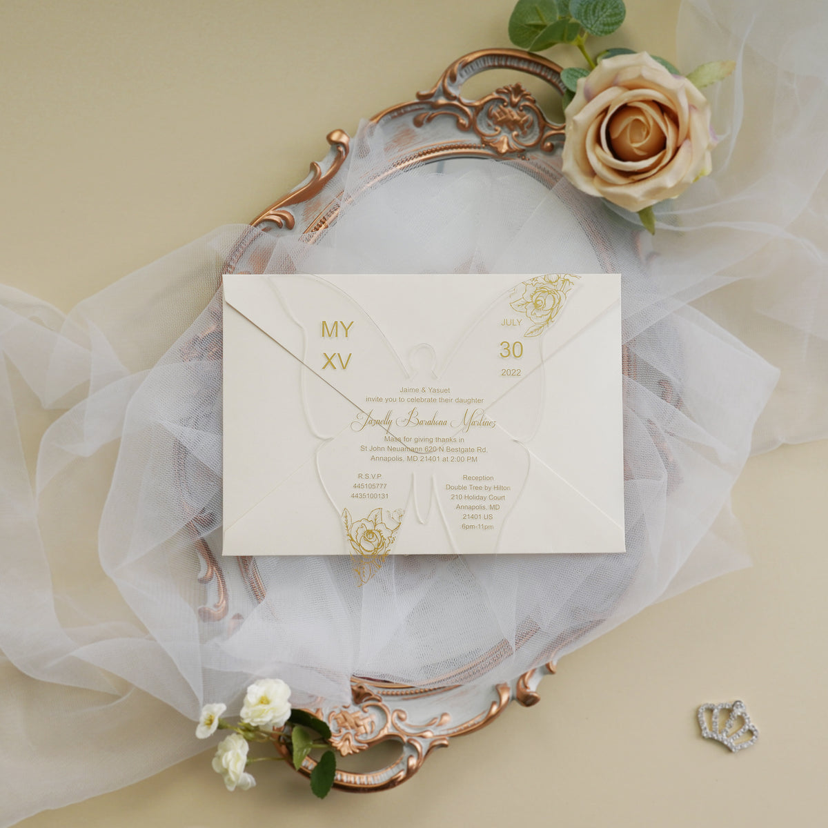 PONATIA 1mm/0.04" Gold Butterfly Clear Acrylic Quinceanera Invitation Card with Envelope