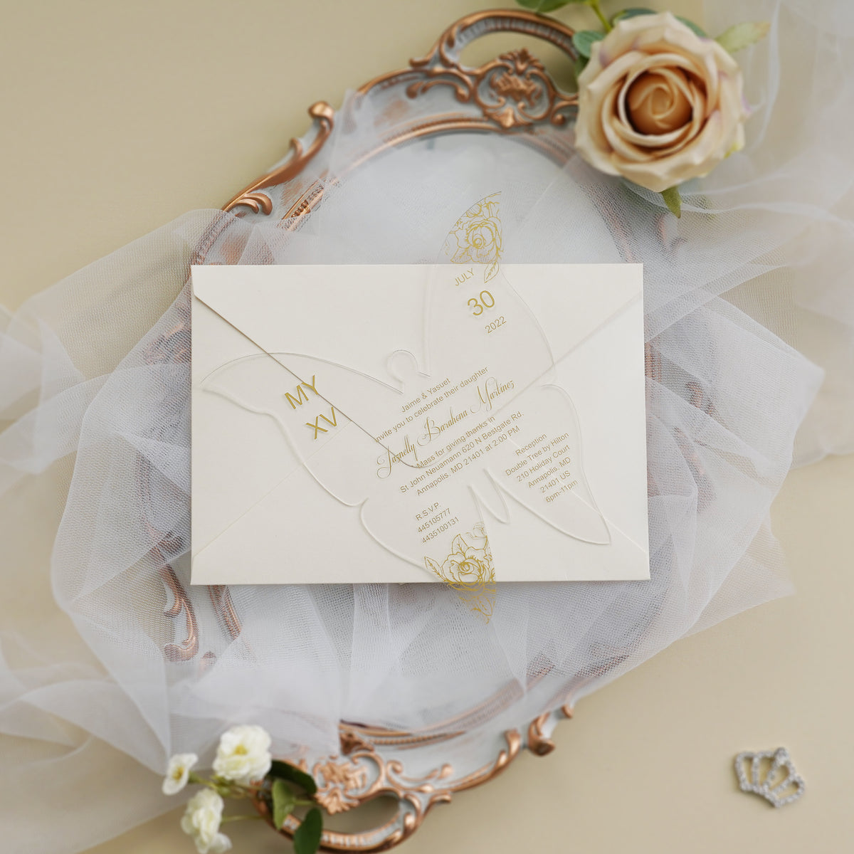 PONATIA 1mm/0.04" Gold Butterfly Clear Acrylic Quinceanera Invitation Card with Envelope