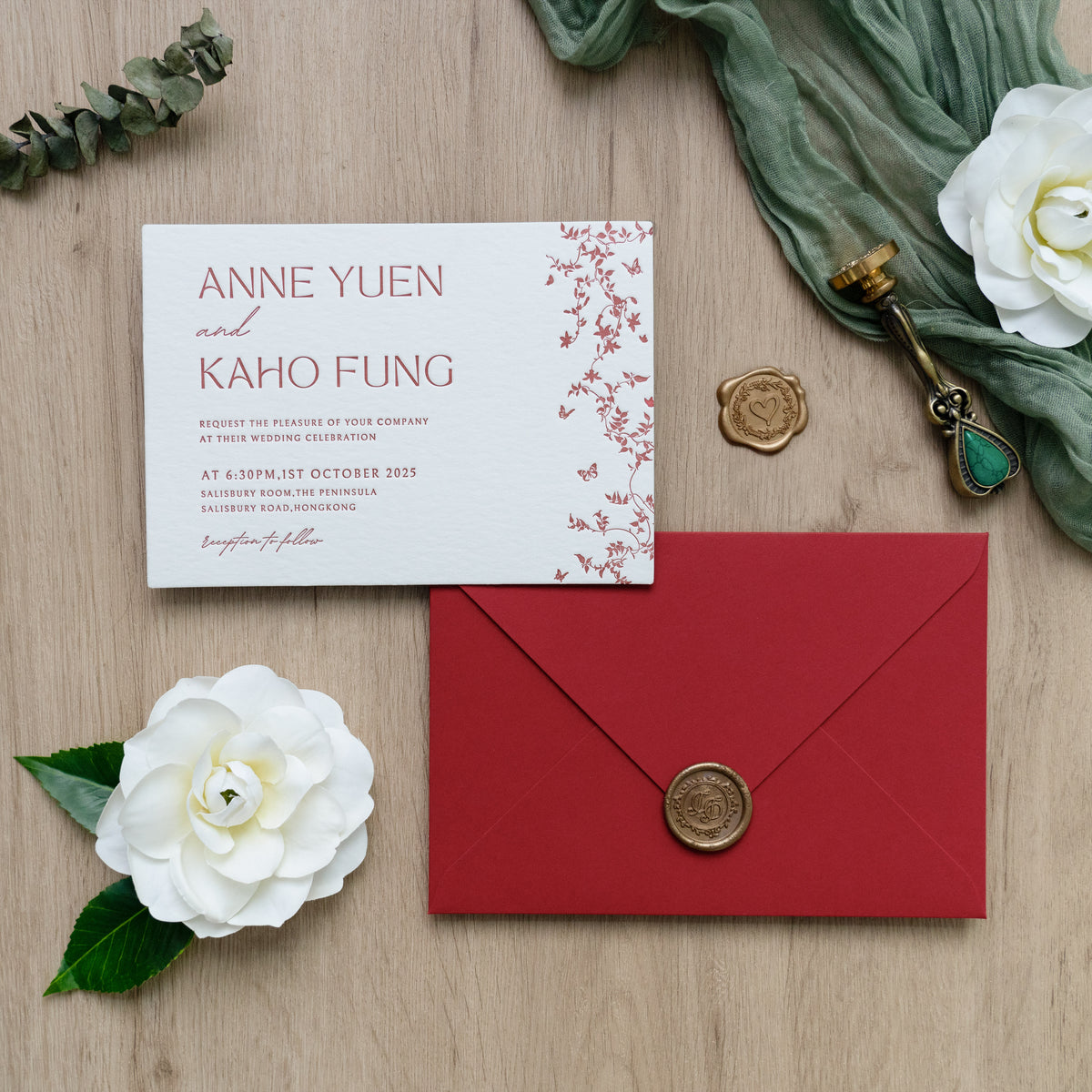 PONATIA  Burgundy Foil Print in Gold Envelopes with Letterpress Floral Wedding Invitation Card