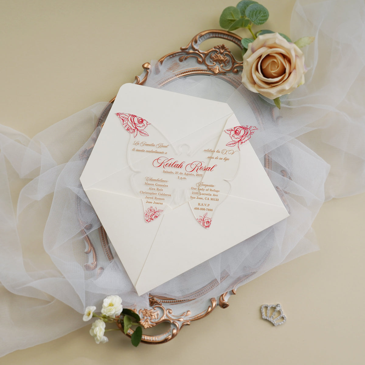 PONATIA 1mm/0.04" Red Butterfly Clear Acrylic Quinceanera Invitation Cards with Envelopes