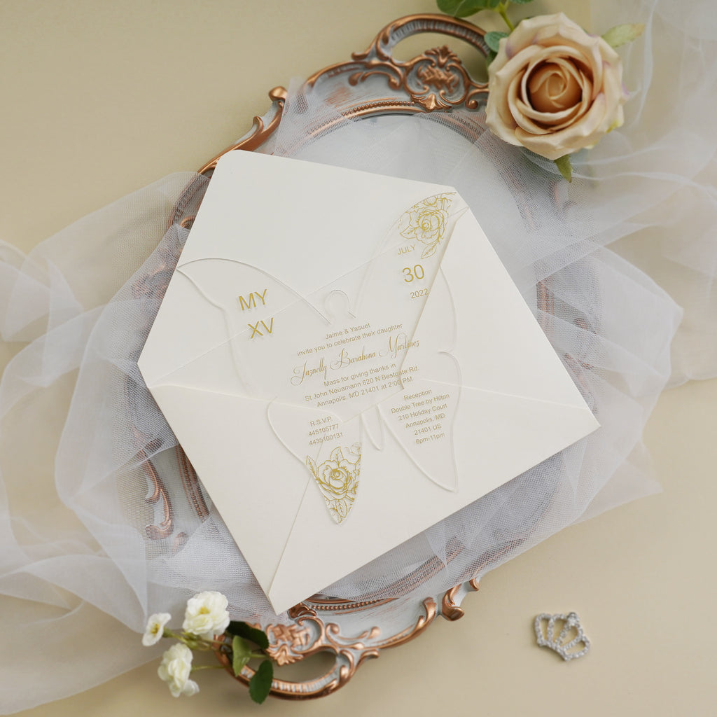 PONATIA 1mm/0.04" Gold Butterfly Clear Acrylic Quinceanera Invitation Card with Envelope