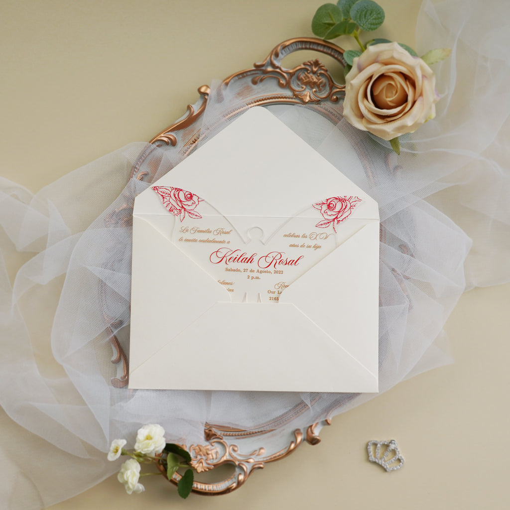 PONATIA 1mm/0.04" Red Butterfly Clear Acrylic Quinceanera Invitation Cards with Envelopes