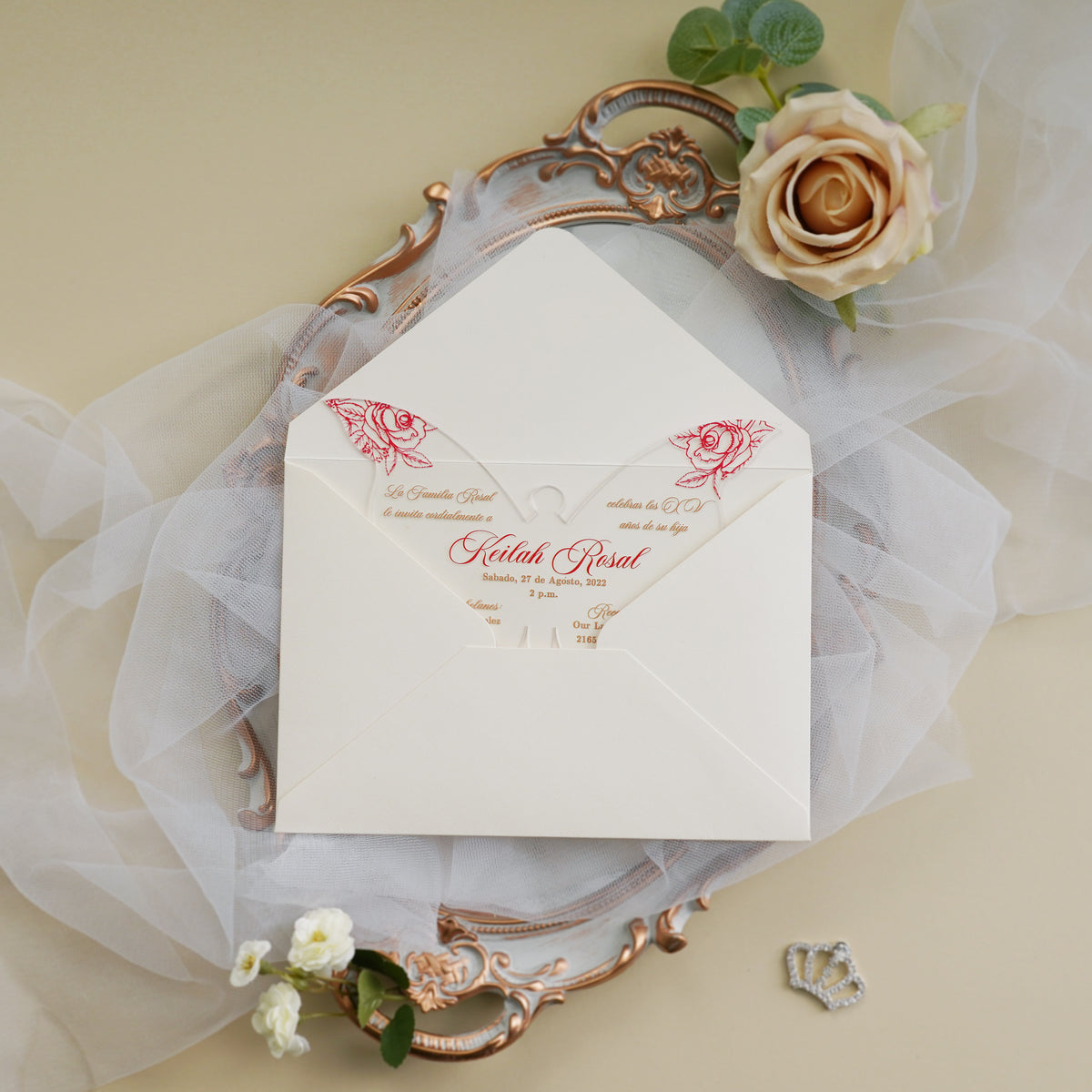 PONATIA 1mm/0.04" Red Butterfly Clear Acrylic Quinceanera Invitation Cards with Envelopes