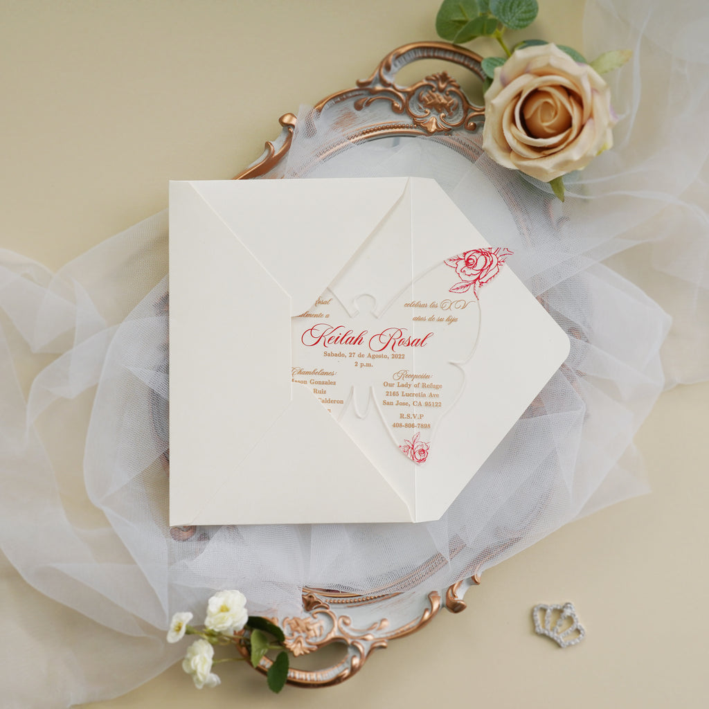 PONATIA 1mm/0.04" Red Butterfly Clear Acrylic Quinceanera Invitation Cards with Envelopes