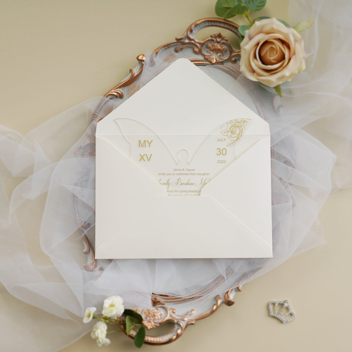 PONATIA 1mm/0.04" Gold Butterfly Clear Acrylic Quinceanera Invitation Card with Envelope