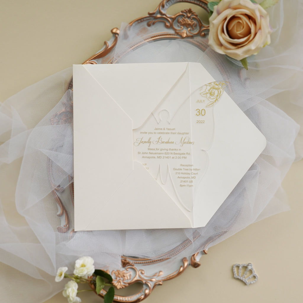 PONATIA 1mm/0.04" Gold Butterfly Clear Acrylic Quinceanera Invitation Card with Envelope