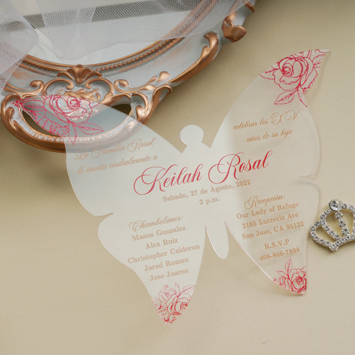 PONATIA 1mm/0.04" Red Butterfly Clear Acrylic Quinceanera Invitation Cards with Envelopes