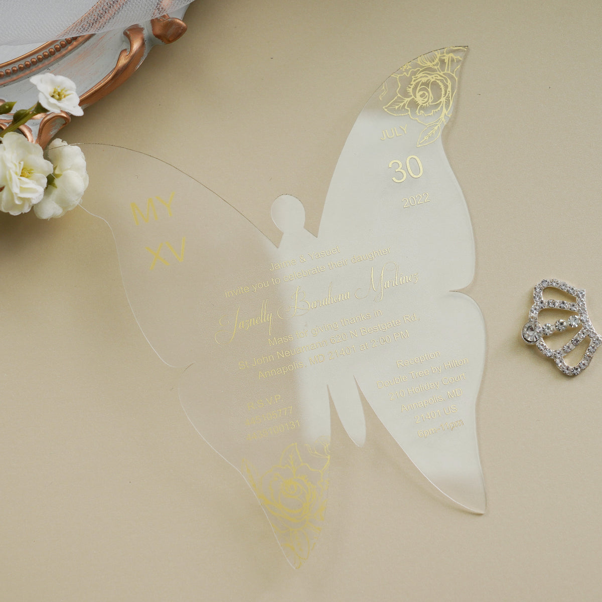 PONATIA 1mm/0.04" Gold Butterfly Clear Acrylic Quinceanera Invitation Card with Envelope