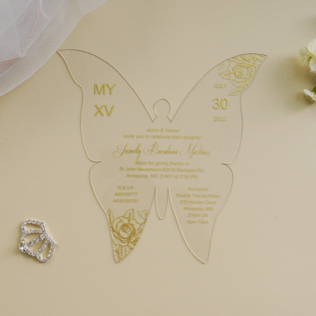PONATIA 1mm/0.04" Gold Butterfly Clear Acrylic Quinceanera Invitation Card with Envelope