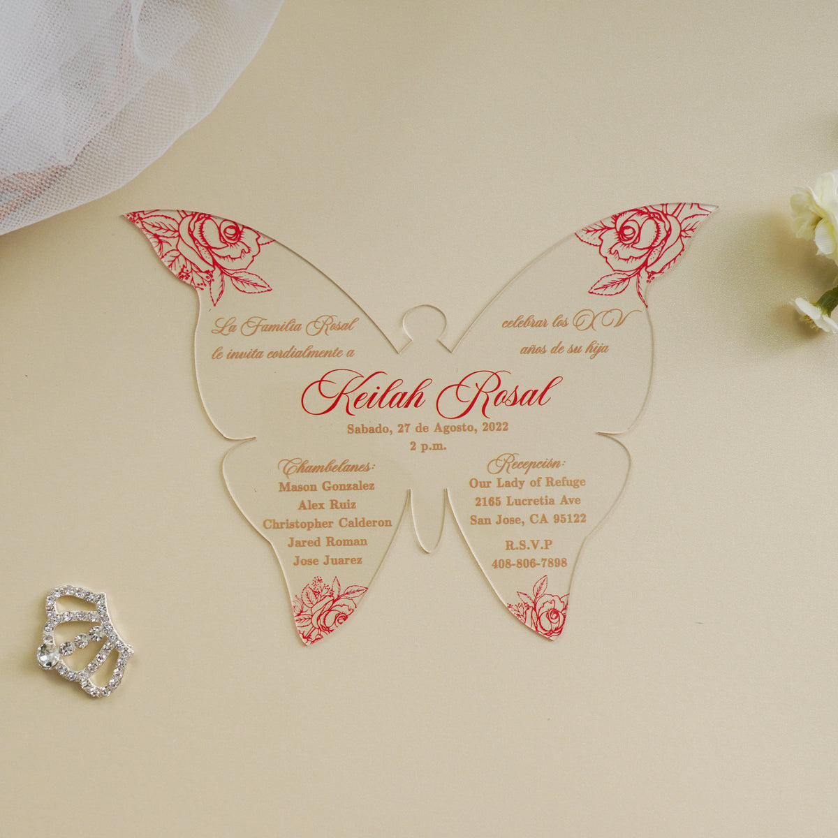 PONATIA 1mm/0.04" Red Butterfly Clear Acrylic Quinceanera Invitation Cards with Envelopes