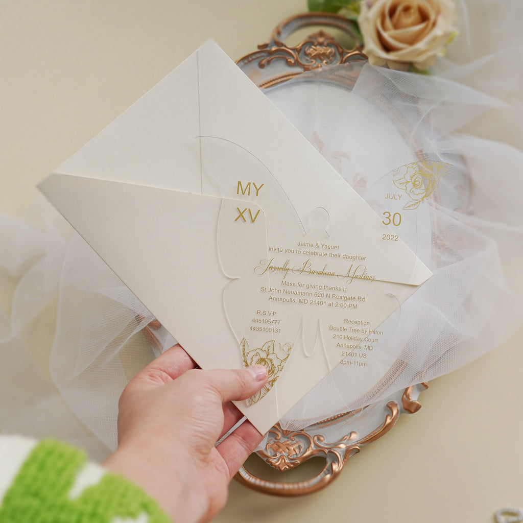 PONATIA 1mm/0.04" Gold Butterfly Clear Acrylic Quinceanera Invitation Card with Envelope