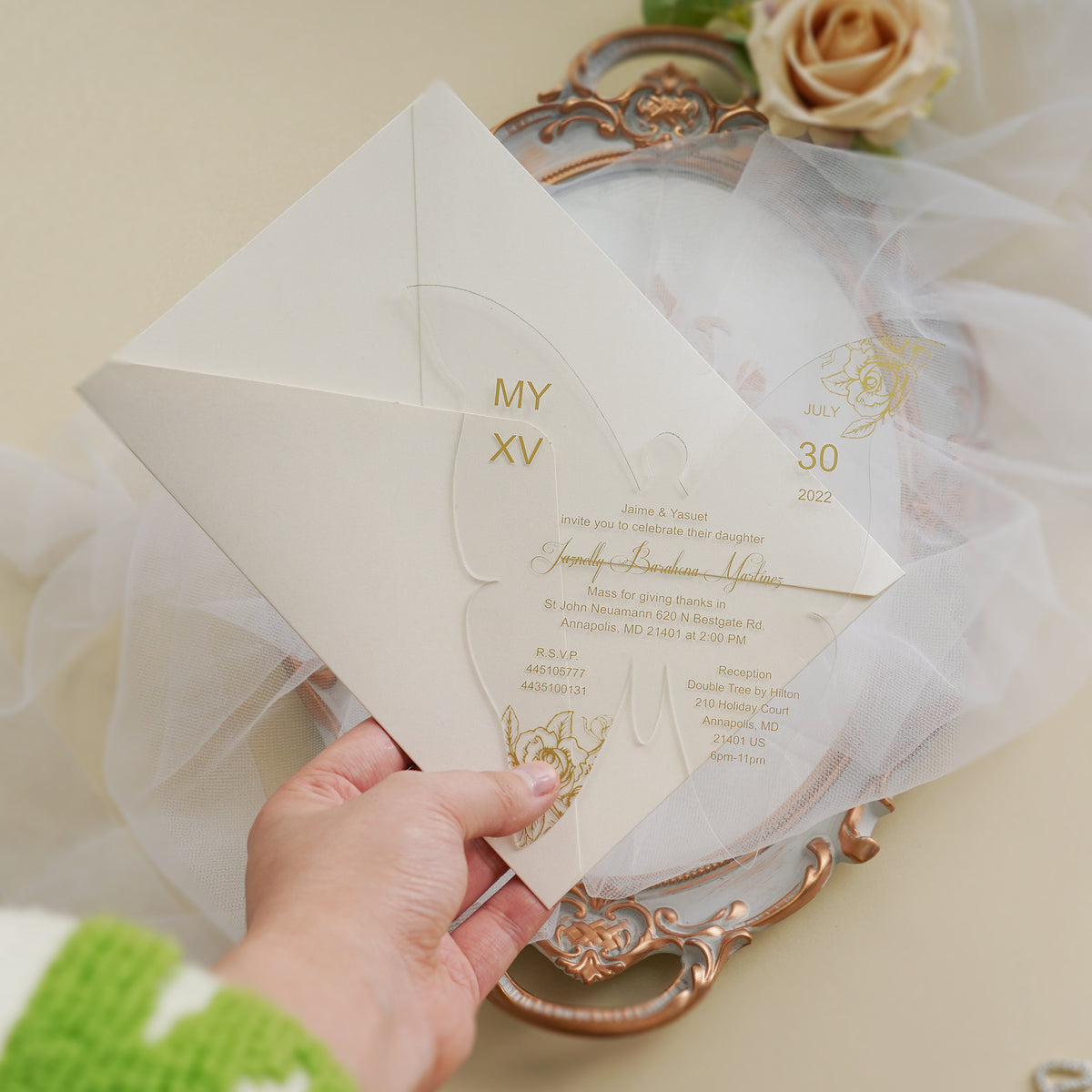 PONATIA 1mm/0.04" Gold Butterfly Clear Acrylic Quinceanera Invitation Card with Envelope