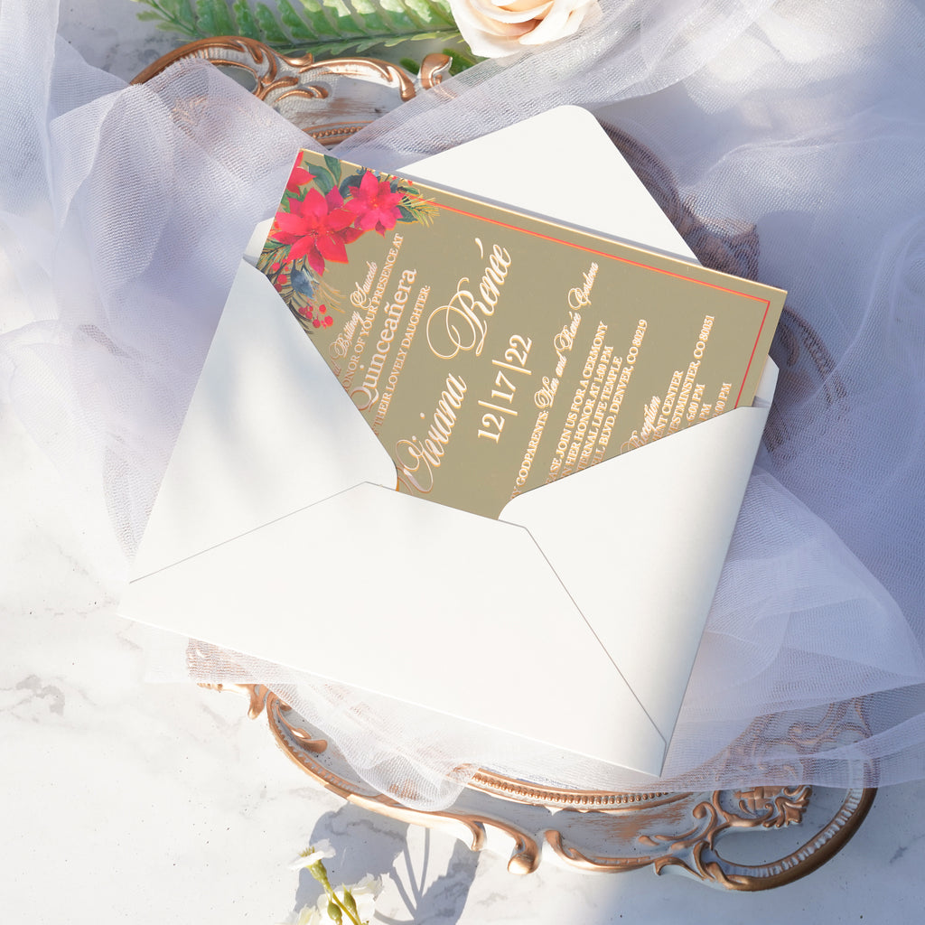 PONATIA XV Años Invitations, Gold Mirror Acrylic Quinceañera Invitation Cards with Envelopes-2mm/0.7"