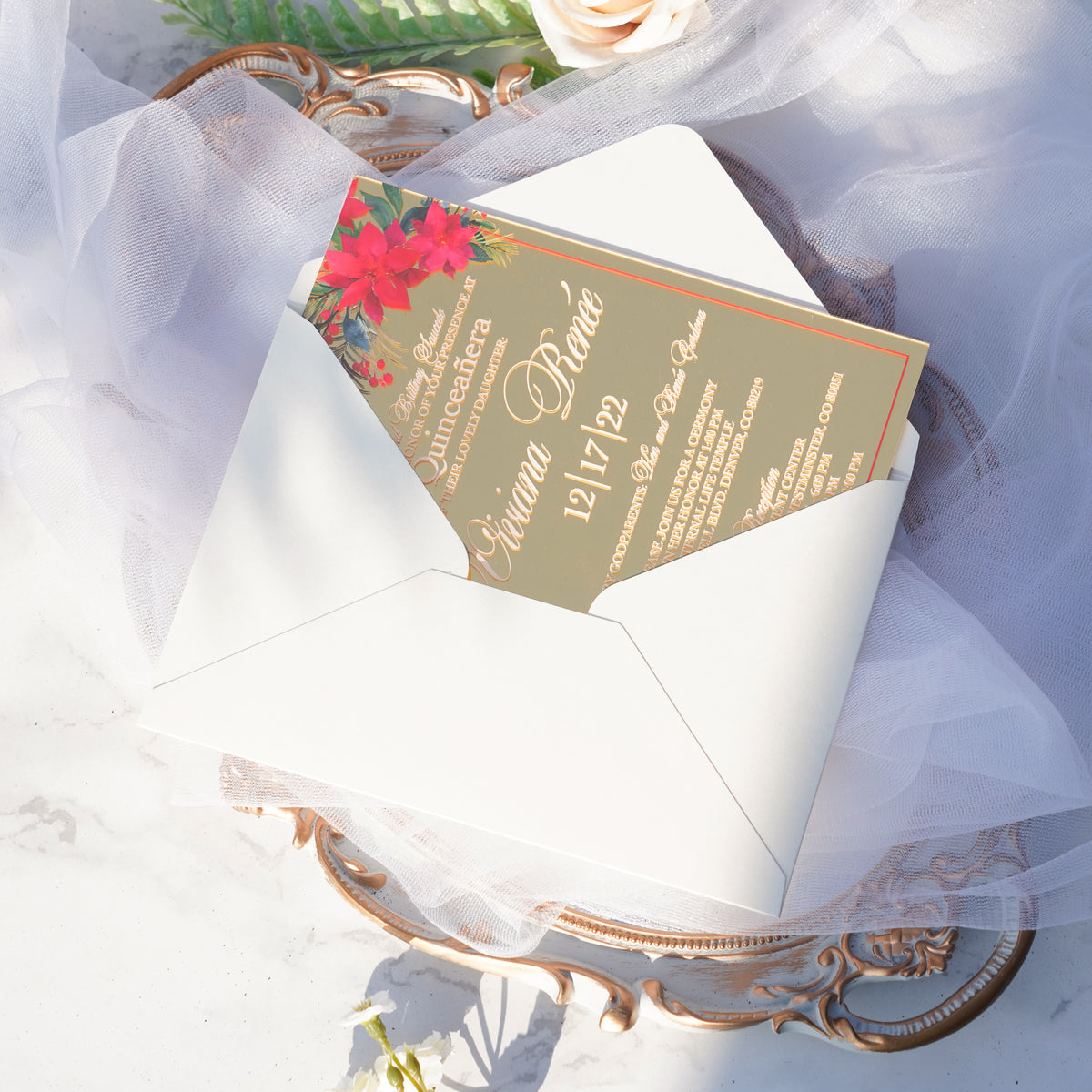 PONATIA XV Años Invitations, Gold Mirror Acrylic Quinceañera Invitation Cards with Envelopes-2mm/0.7"
