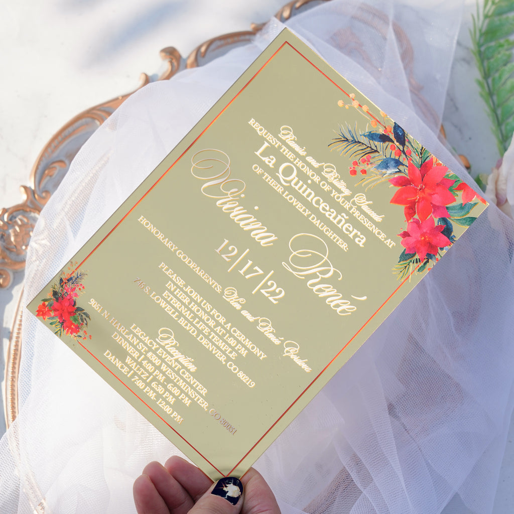 PONATIA XV Años Invitations, Gold Mirror Acrylic Quinceañera Invitation Cards with Envelopes-2mm/0.7"