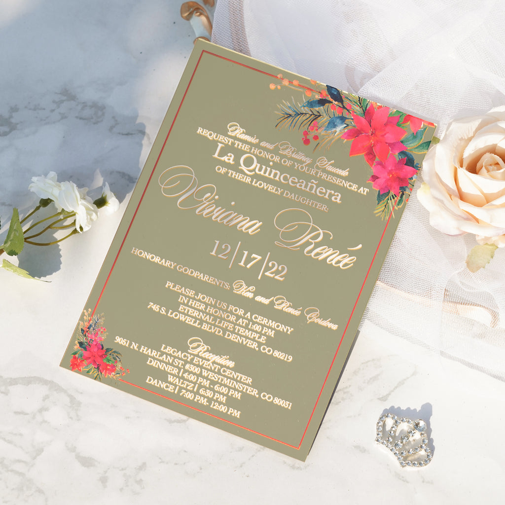 PONATIA XV Años Invitations, Gold Mirror Acrylic Quinceañera Invitation Cards with Envelopes-2mm/0.7"