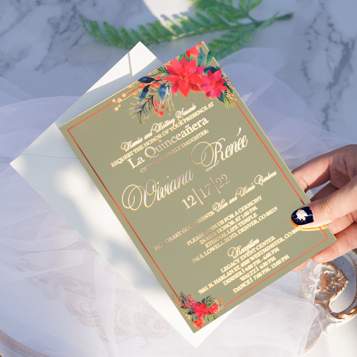 PONATIA XV Años Invitations, Gold Mirror Acrylic Quinceañera Invitation Cards with Envelopes-2mm/0.7"