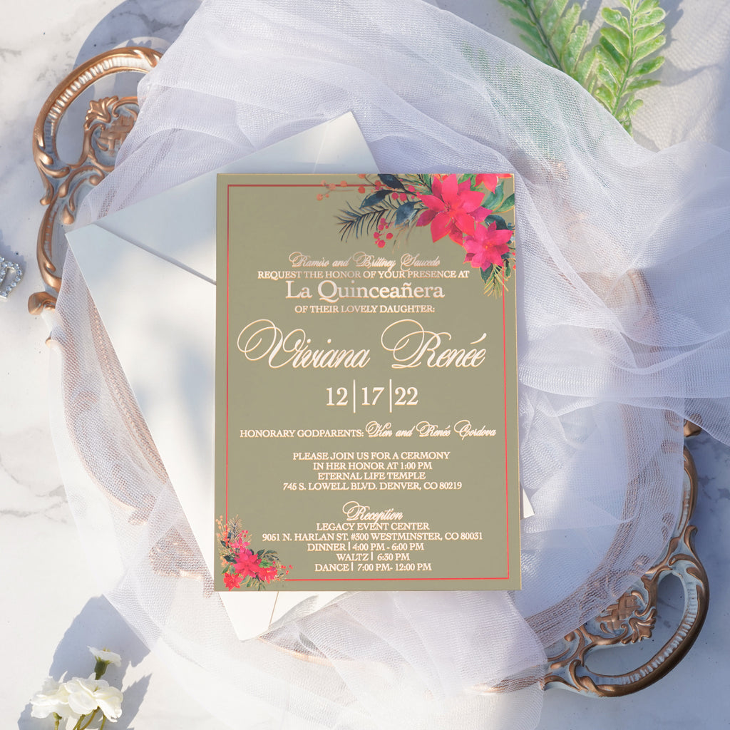 PONATIA XV Años Invitations, Gold Mirror Acrylic Quinceañera Invitation Cards with Envelopes-2mm/0.7"