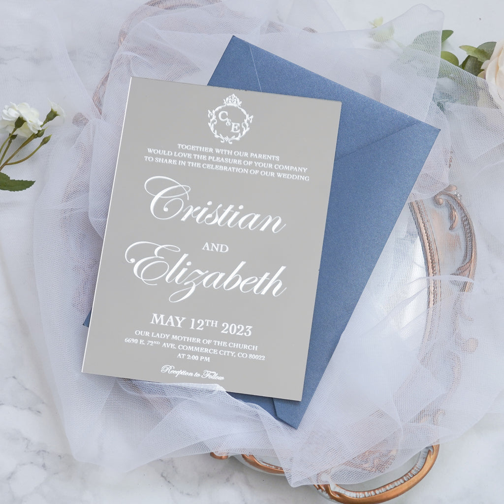 PONATIA Silver Mirror Wedding Invitation Cards with Envelope-2mm/0.7"