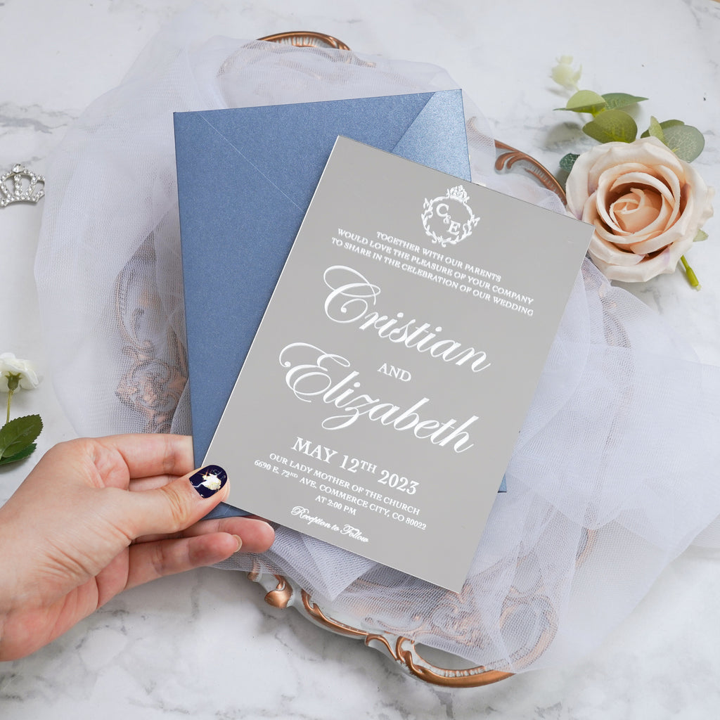 PONATIA Silver Mirror Wedding Invitation Cards with Envelope-2mm/0.7"