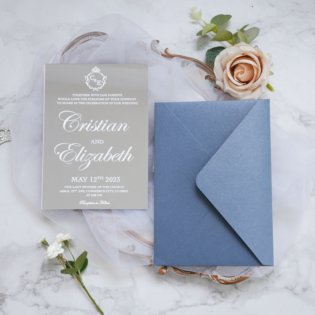 PONATIA Silver Mirror Wedding Invitation Cards with Envelope-2mm/0.7"
