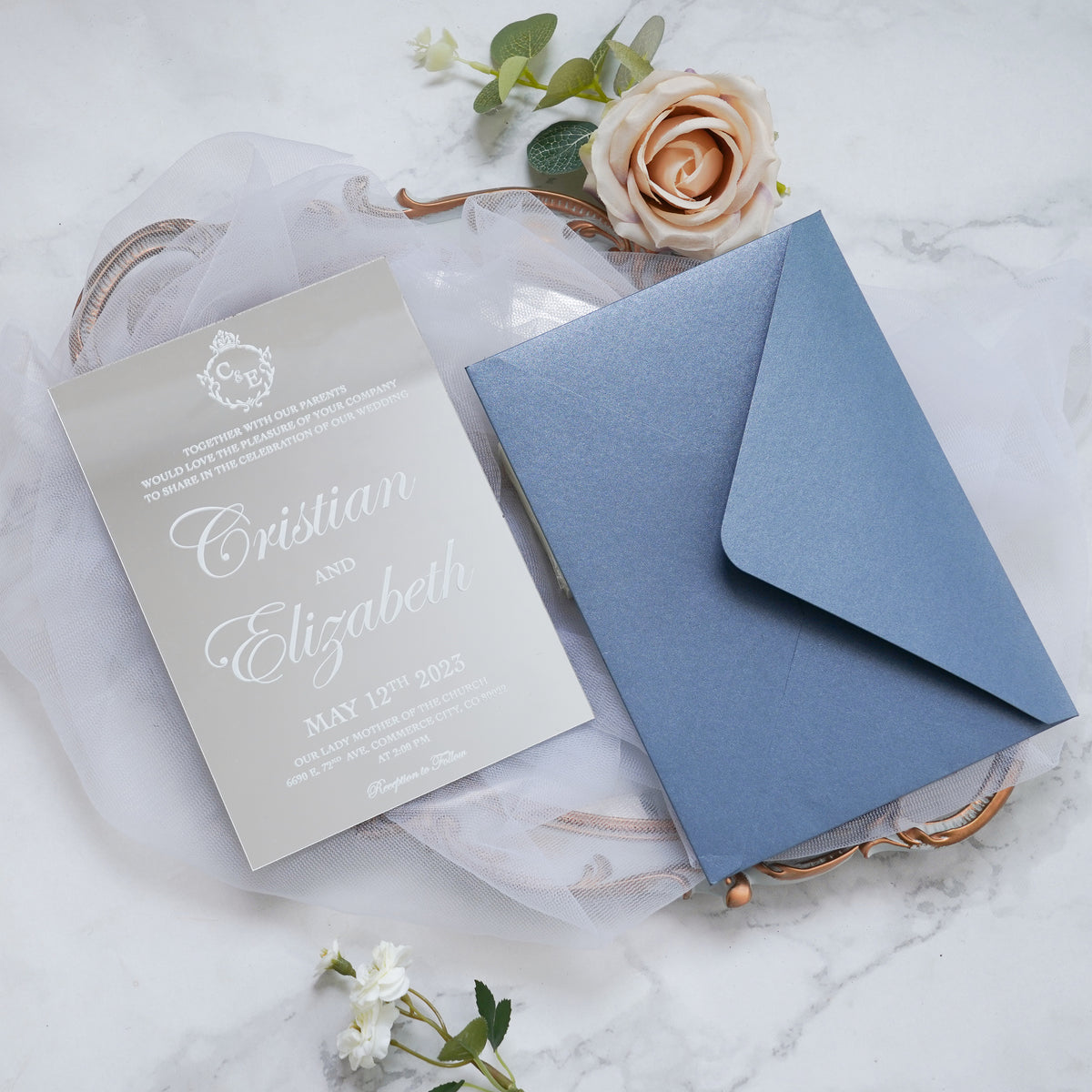 PONATIA Silver Mirror Wedding Invitation Cards with Envelope-2mm/0.7"