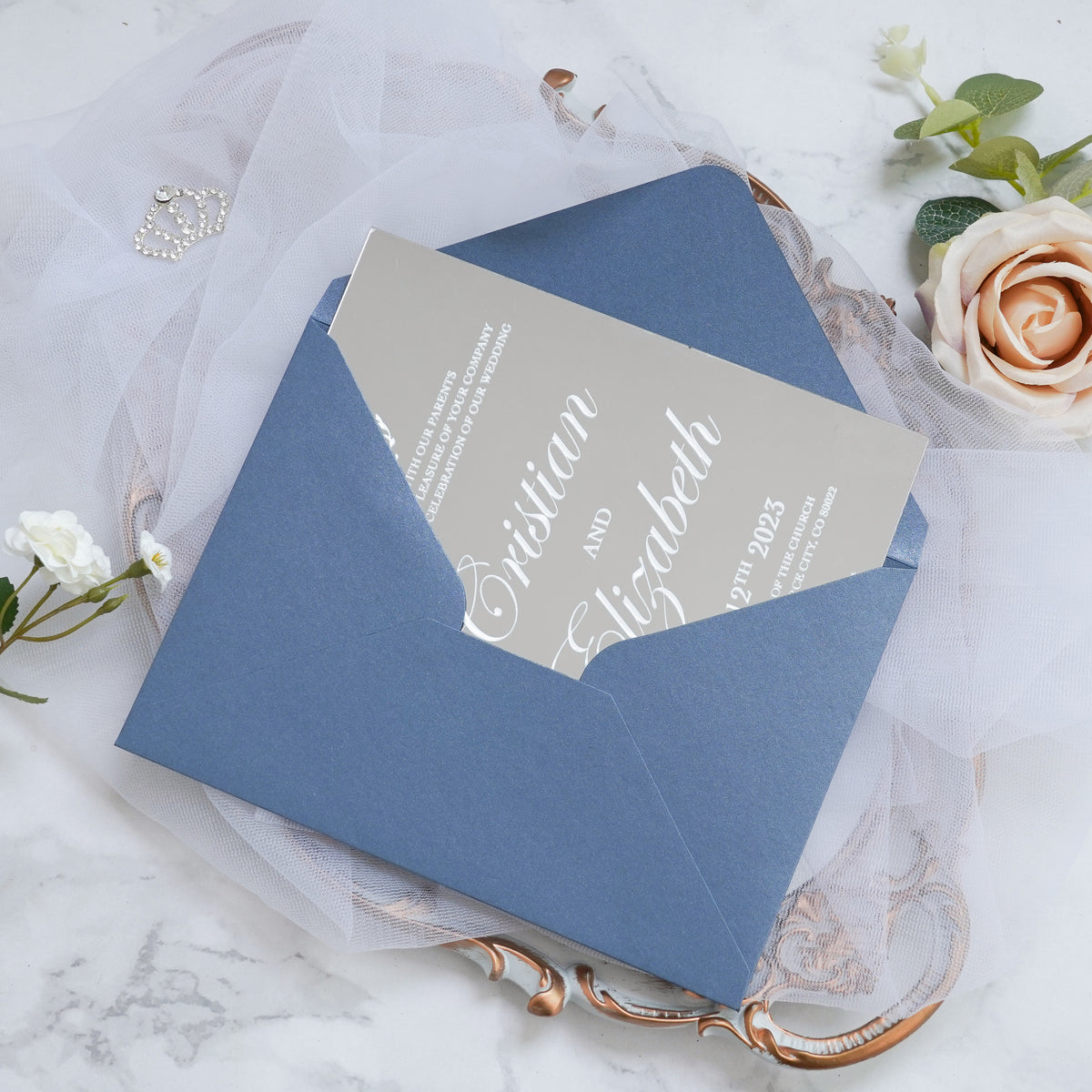 PONATIA Silver Mirror Wedding Invitation Cards with Envelope-2mm/0.7"