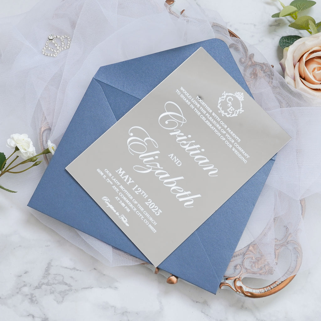 PONATIA Silver Mirror Wedding Invitation Cards with Envelope-2mm/0.7"